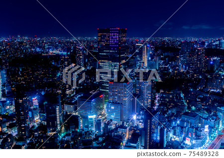 青山陵園青山六本木新城鳥瞰鳥瞰圖俯瞰市中心夜景東京鐵塔大廈摩天大樓 75489328