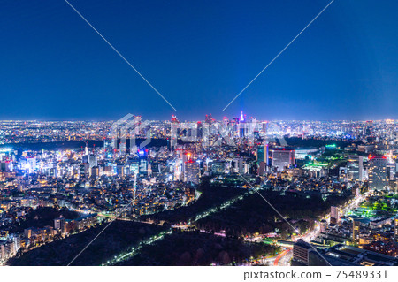 青山陵園青山六本木新城鳥瞰鳥瞰圖俯瞰市中心夜景東京鐵塔大廈摩天大樓 75489331
