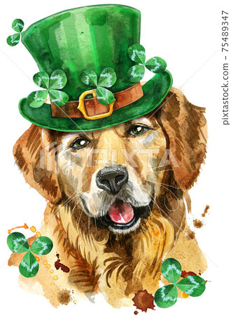 Watercolor portrait of golden retriever. St Patricks Day Lucky Dog 75489347