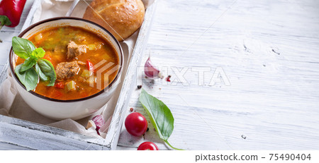 Hungarian beef meat stew with copy space 75490404
