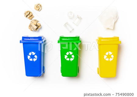 Bin collection. Yellow, green, blue dustbin for recycle plastic, paper and glass can trash isolated on white background. Container for disposal garbage waste and save environment. 75490800