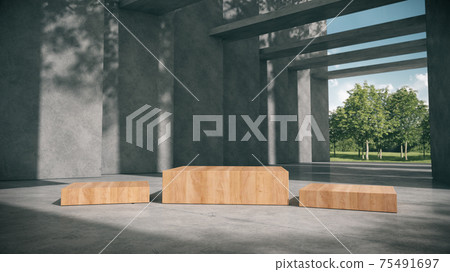 wooden podium for products show in concrete hallway with park background. 75491697