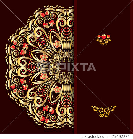Rich burgundy background with a round gold floral pattern and place for text. 75492275