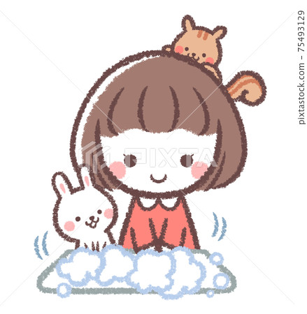 女孩和動物洗手 75493129