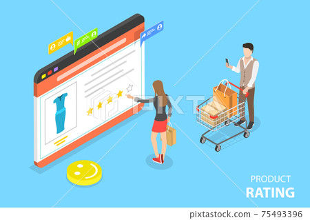 Isometric flat vector concept of product rating, customer feedback. Isometric flat vector concept of product rating, customer feedback. 75493396