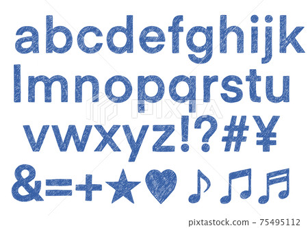 Set of blue symbols and lowercase alphabets (handwritten style) 75495112