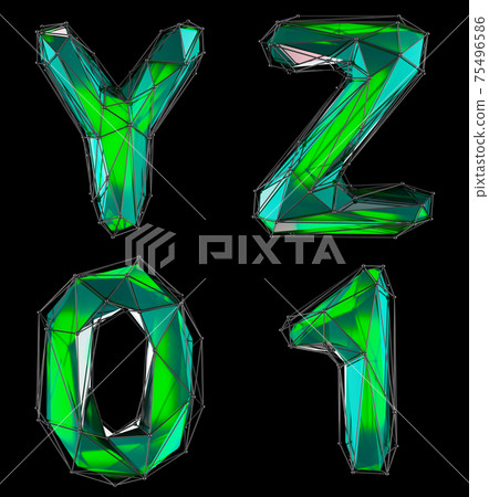 Realistic 3D set of letters Y, Z, 0, 1 made of low poly style. Collection symbols of low poly style green color glass isolated on black background 3d Realistic 3D set of letters Y, Z, 0, 1 made of low poly style. Collection symbols of low poly style green color glass isolated on black background 3d 75496586