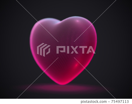 3D digital futuristic glowing pink heart on gray background. 3D digital futuristic glowing pink heart on gray background. 75497113