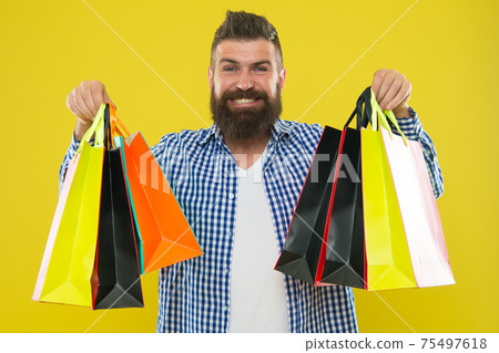 Make shopping more joyful. Man bearded hipster cheerful 75497618