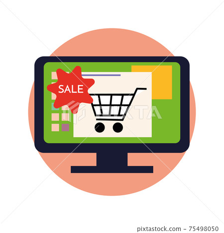 Online Store icon. Shopping Trolley at Big Computer Monitor with Opened Web Application and Goods Icons. Shopcart Signs Around. Internet Commerce, Flat Vector Illustration 75498050