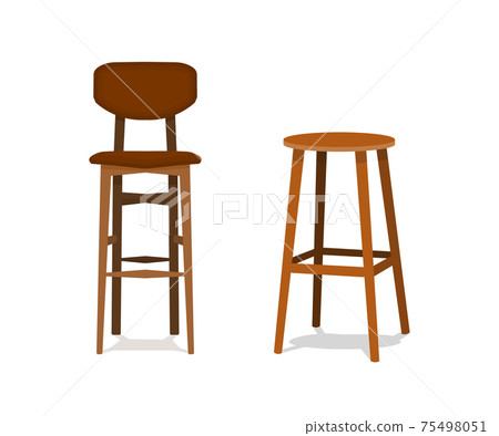 Vector two ocher, brown wooden bar stools with leather seats front view isolated on white background 75498051
