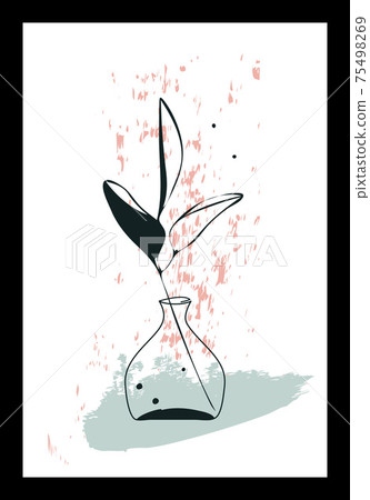 Vector hand drawn abstract wall art, minimalistic boho ink painting style, botanical images of leaves branch, vase, transparent spot in blue, pink color palette 75498269