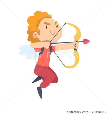 Cute Happy Cupid Boy Shooting with Bow, Joyful Flying Kid Angel Dressed Red Casual Clothes Cartoon Style Vector Illustration Cute Happy Cupid Boy Shooting with Bow, Joyful Flying Kid Angel Dressed Red Casual Clothes Cartoon Style Vector Illustration 75498332
