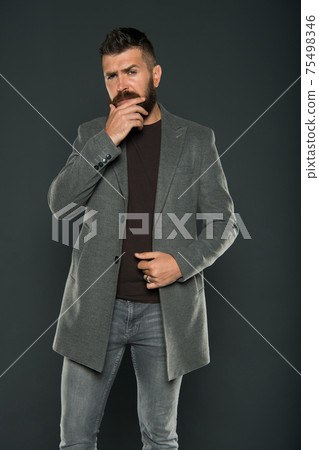 Bearded man trendy hipster style. Warm jacket. Daily Bearded man trendy hipster style. Warm jacket. Daily 75498346