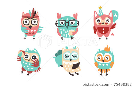 Cute Owls Collection, Adorable Funny Colorful Owlets Cartoon Vector Illustration Cute Owls Collection, Adorable Funny Colorful Owlets Cartoon Vector Illustration 75498392