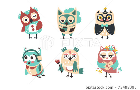 Cute Funny Owlets Collection, Amusing Colorful Owl Birds Cartoon Vector Illustration Cute Funny Owlets Collection, Amusing Colorful Owl Birds Cartoon Vector Illustration 75498393
