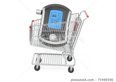 Shopping cart with breathalyzer alcohol tester. 3D rendering Shopping cart with breathalyzer alcohol tester. 3D rendering 75499390
