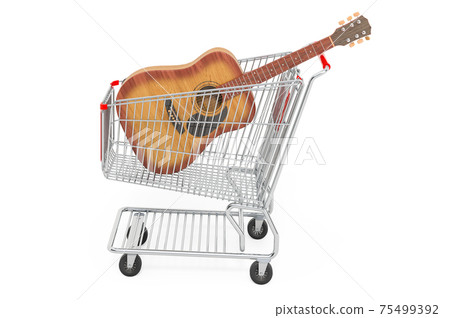 Shopping cart with acoustic guitar. 3D rendering Shopping cart with acoustic guitar. 3D rendering 75499392
