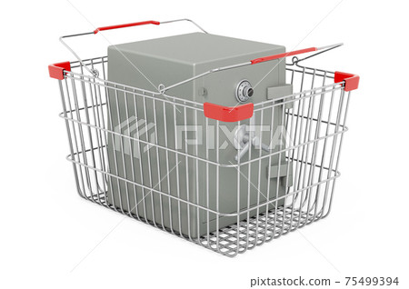 Shopping basket with Combination Safe Box, 3D rendering Shopping basket with Combination Safe Box, 3D rendering 75499394