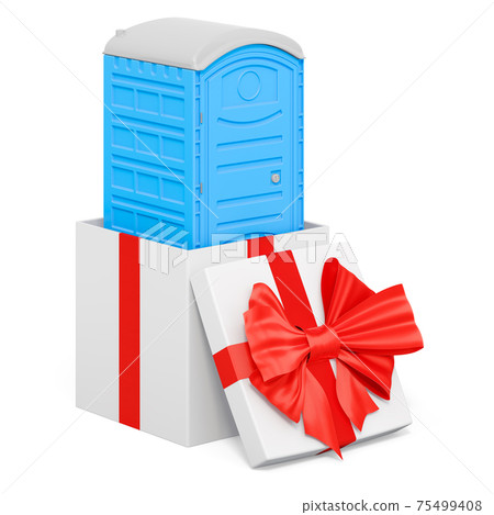 Mobile portable blue plastic toilets inside gift box, present concept. 3D rendering Mobile portable blue plastic toilets inside gift box, present concept. 3D rendering 75499408