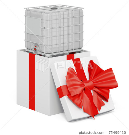 Intermediate bulk container inside gift box, present concept. 3D rendering Intermediate bulk container inside gift box, present concept. 3D rendering 75499410