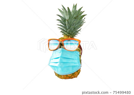 Pineapple wearing protection mask and sunglasses with reflected torpical beach 3D illustration. Pineapple wearing protection mask and sunglasses with reflected torpical beach 3D illustration. 75499480