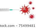 Sad coronavirus and injection syringe 3D illustration 75499481