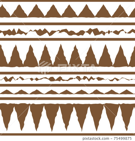 Monochrome vector brown white abstract geometric seamless border tribal pattern. Illustration contains graphic lines, dots, triangles. Horizontal stripes for textiles. 75499875