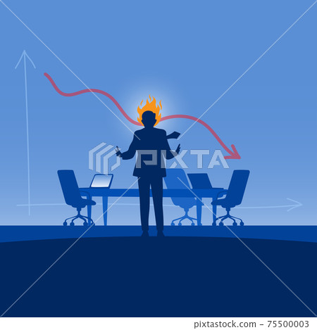 angry businessman with fire on his head in meeting room and graph down at background vector illustration with .... gradient shade background. 75500003