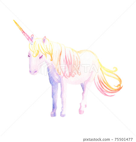 <Watercolor> Hand-drawn illustration of a mysterious unicorn standing quietly <Watercolor> Hand-drawn illustration of a mysterious unicorn standing quietly 75501477