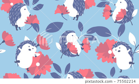 Animal seamless pattern, hand drawn cute hedgehogs with flowers and leaves 75502214