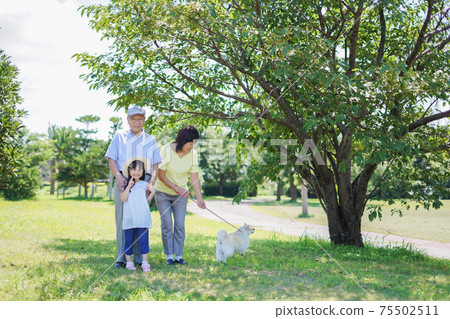 Little girl playing outside with grandparents 75502511