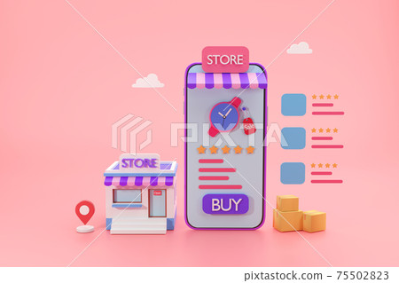 Store on smartphone with shopping online social media application concept, 3d render Store on smartphone with shopping online social media application concept, 3d render 75502823
