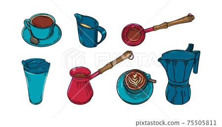 Coffee set wuth cups, pots and creamer. Big colored set of coffee accessoiries for cappuccino brewing. Vector illustration 75505811