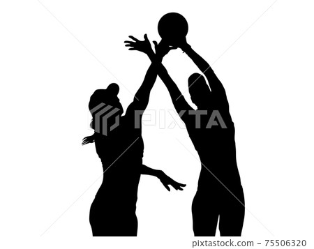 Silhouette of a volleyball player competing for the ball Silhouette of a volleyball player competing for the ball 75506320