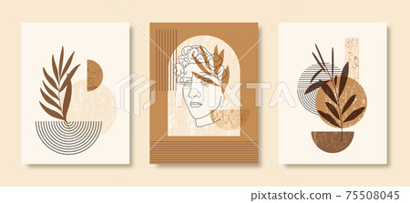 Set of Abstract Boho Illustration with Antique Statue David, Geometric Shapes and Leaves. Vector Contemporary Background 75508045