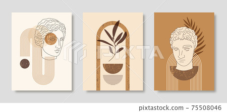 Set of Abstract Boho Illustration with Antique Statue Head, Geometric Shapes and Floral. Vector Contemporary Background Set of Abstract Boho Illustration with Antique Statue Head, Geometric Shapes and Floral. Vector Contemporary Background 75508046