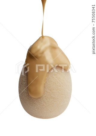 Pour cream on a cosmetic sponge. The basis of cosmetic for the face. Perfect make up. Sponge for makeup with a liquid base on a white background close-up. Pour cream on a cosmetic sponge. The basis of cosmetic for the face. Perfect make up. Sponge for makeup with a liquid base on a white background close-up. 75508341