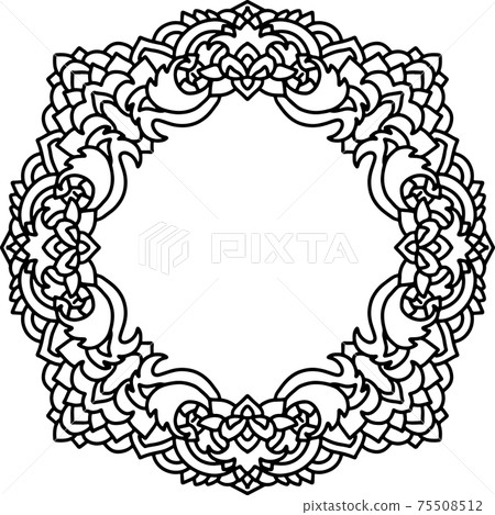 Abstract mandala frame. Asian leaves pattern. Black and white authentic background. Vector illustration. Abstract mandala frame. Asian leaves pattern. Black and white authentic background. Vector illustration. 75508512