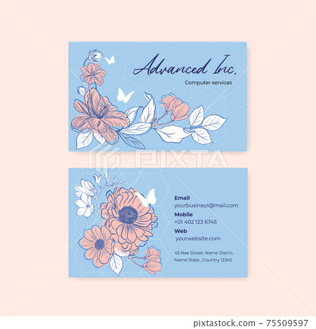 Name card template with spring line art concept... - Stock Illustration ...