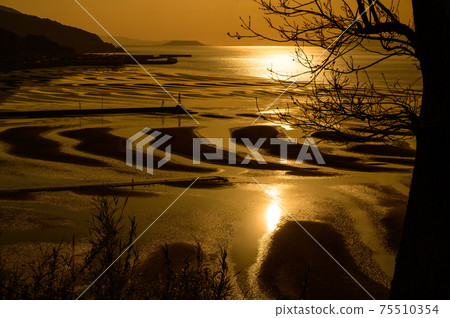 大自然的奧秘，在美麗的夕陽光下出現沙紋的風景，日本百佳的夕陽風景，奧喜木海岸 75510354