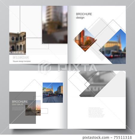 Vector layout of two covers templates with geometric simple shapes, lines and photo place for square design bifold brochure, flyer, magazine, cover design, book, brochure cover. 75511318
