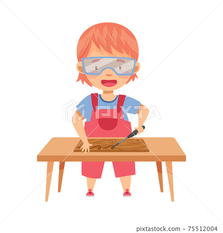 Cute Redhead Girl Wearing Protective Goggles at Table Woodworking Wood Carving on Timber Plank Vector Illustration Cute Redhead Girl Wearing Protective Goggles at Table Woodworking Wood Carving on Timber Plank Vector Illustration 75512004