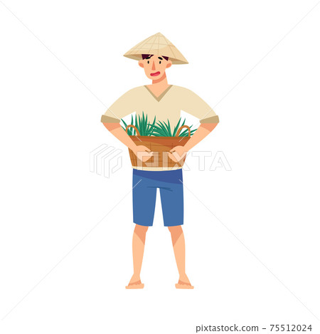 Vietnamese Man Farmer in Straw Conical Hat Holding Wicker Basket with Grass Blades as Rice Crop Vector Illustration Vietnamese Man Farmer in Straw Conical Hat Holding Wicker Basket with Grass Blades as Rice Crop Vector Illustration 75512024