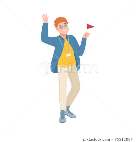 Young Man as Tour Guide with Hanging Name Badge Holding Red Flag Vector Illustration 75512094