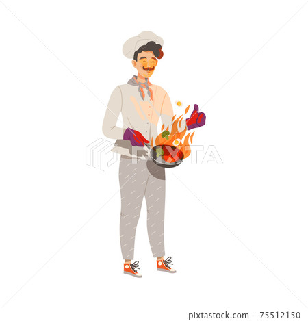 Moustached Man as Super Chef in Toque and Jacket Flambering on Frying Pan Vector Illustration Moustached Man as Super Chef in Toque and Jacket Flambering on Frying Pan Vector Illustration 75512150