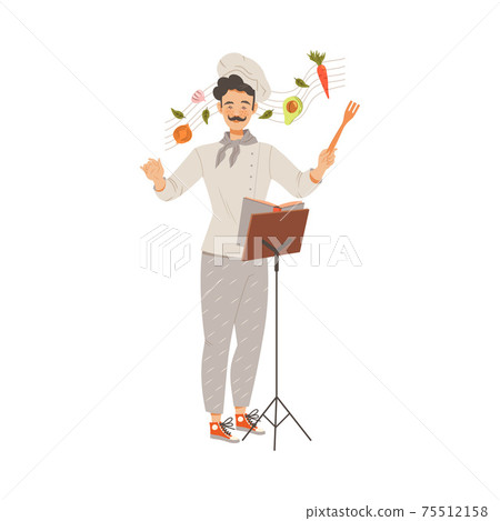 Moustached Man as Super Chef in Toque and Jacket Conducting Food Ingredients Vector Illustration 75512158