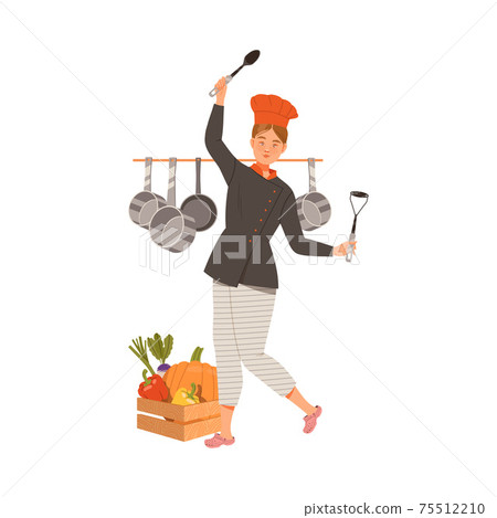Cooking utensils. Cooking woman in kitchen with frying pan and wooden  spoon. Housewife dancing. 7562859 Stock Photo at Vecteezy