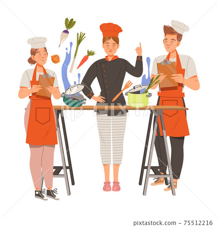 Young Woman as Chef Master Training Newcomer Preparing Food at Restaurant Kitchen Vector Illustration Young Woman as Chef Master Training Newcomer Preparing Food at Restaurant Kitchen Vector Illustration 75512216