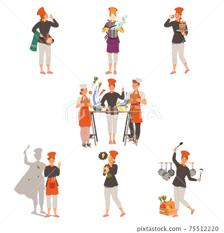 Young Man and Woman Chef Master Cooking Food and Preparing Dishes of Haute Cuisine Vector Illustration Set 75512220